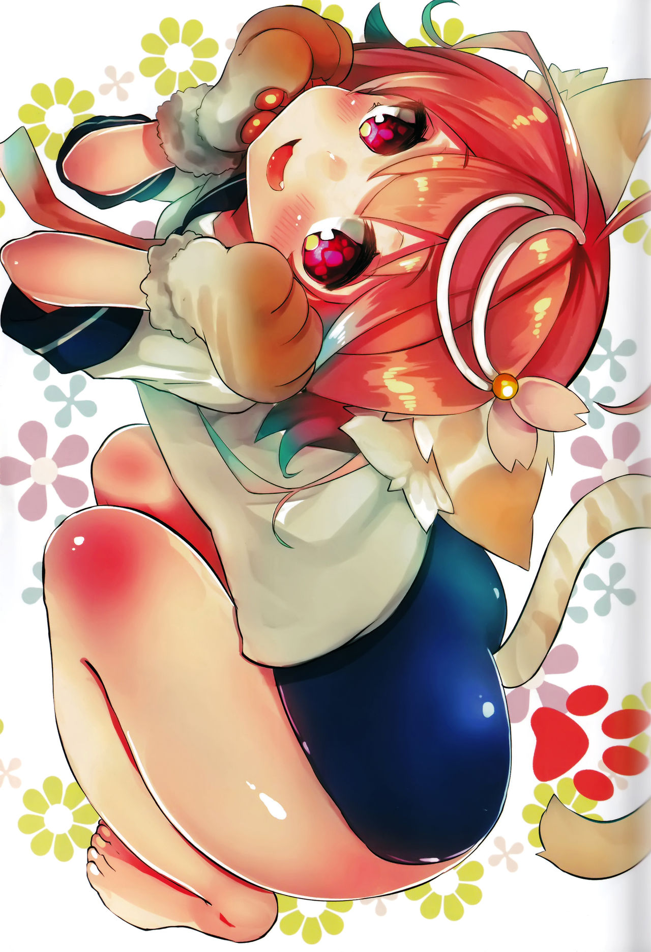 1girl animal_ears ass blush cat_ears cat_tail eyebrows_visible_through_hair hair_between_eyes hair_ornament highres i-58_(kantai_collection) kantai_collection light_brown_hair looking_at_viewer neckerchief one-piece_swimsuit open_mouth pink_hair red_eyes sailor_collar school_swimsuit school_uniform serafuku short_hair suzuho_hotaru swimsuit swimsuit_under_clothes tail