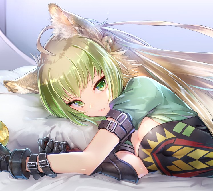 1girl ahoge animal_ears atalanta_(fate) blonde_hair braid breasts buckle cat_ears cleavage fate/grand_order fate_(series) french_braid gloves green_eyes green_hair long_hair looking_at_viewer lying miyuki_ruria multicolored_hair on_side pillow small_breasts solo under_covers