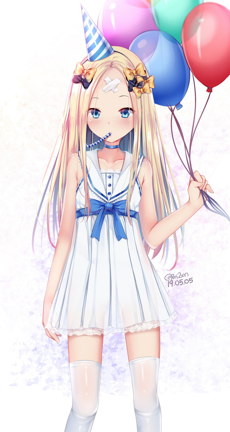1girl abigail_williams_(fate/grand_order) alternate_costume balloon bangs bare_arms bare_shoulders black_bow blonde_hair blush bow commentary_request crossed_bandaids dated dress fate/grand_order fate_(series) hair_bow hat highres holding holding_balloon long_hair looking_at_viewer mouth_hold orange_bow parted_bangs party_hat party_whistle puririn sailor_collar sailor_dress sleeveless sleeveless_dress solo standing striped striped_hat thigh-highs tilted_headwear twitter_username very_long_hair white_dress white_legwear white_sailor_collar