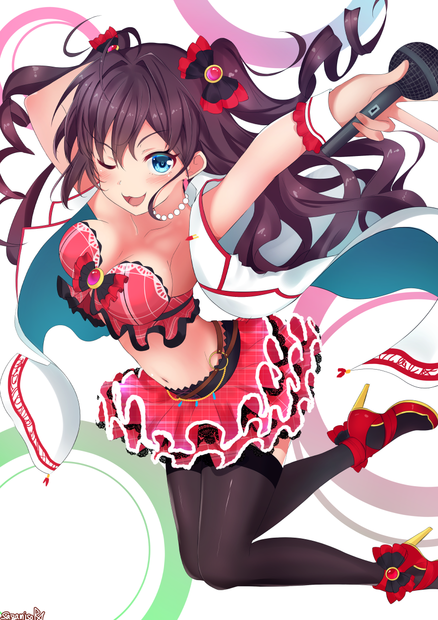 1girl ;3 ahoge arms_up bangs bare_shoulders black_legwear blue_eyes blush breasts brown_hair cleavage collarbone commentary_request earrings eyebrows_visible_through_hair garter_straps high_heels highres holding holding_microphone ichinose_shiki idolmaster idolmaster_cinderella_girls jewelry jumping large_breasts layered_skirt long_hair looking_at_viewer microphone one_eye_closed open_mouth red_footwear sazamiso_rx signature smile solo thigh-highs two_side_up wavy_hair