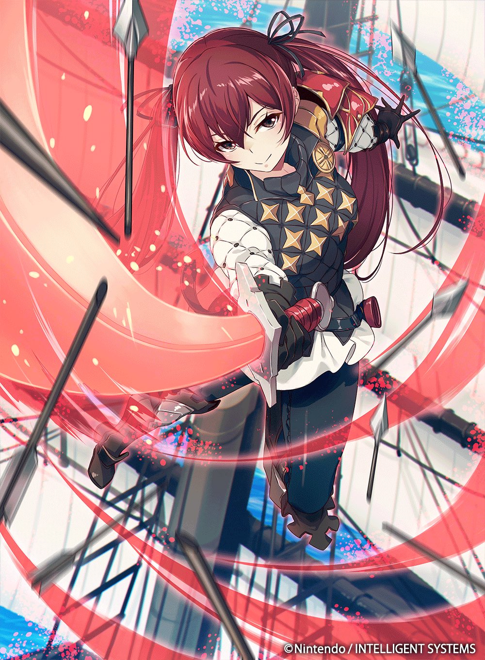 1girl 40hara arrow closed_mouth company_name copyright_name fire_emblem fire_emblem_cipher fire_emblem_if gloves highres holding holding_sword holding_weapon long_hair long_sleeves luna_(fire_emblem_if) nintendo official_art redhead scabbard sheath smile solo sword twintails water weapon