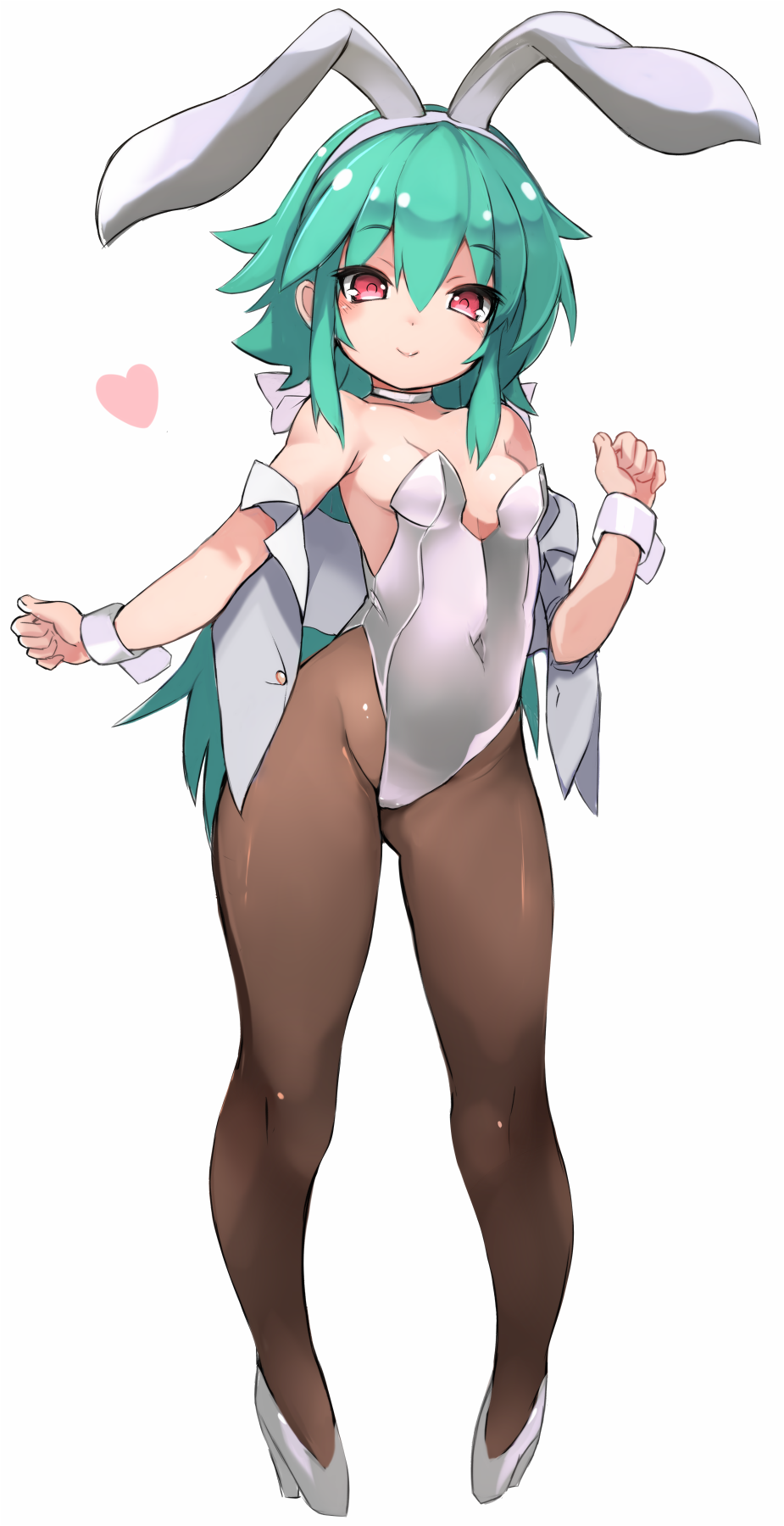 1girl animal_ears bangs bare_shoulders blush breasts brown_legwear bunnysuit closed_mouth collarbone covered_navel fake_animal_ears fingernails full_body green_hair hair_between_eyes hairband heart high_heels highres karukan_(monjya) leotard long_hair off_shoulder open_clothes open_vest pantyhose rabbit_ears red_eyes shinrabanshou shizuku_(shinrabanshou) shoes simple_background small_breasts smile solo standing strapless strapless_leotard very_long_hair vest white_background white_footwear white_hairband white_leotard white_vest wrist_cuffs