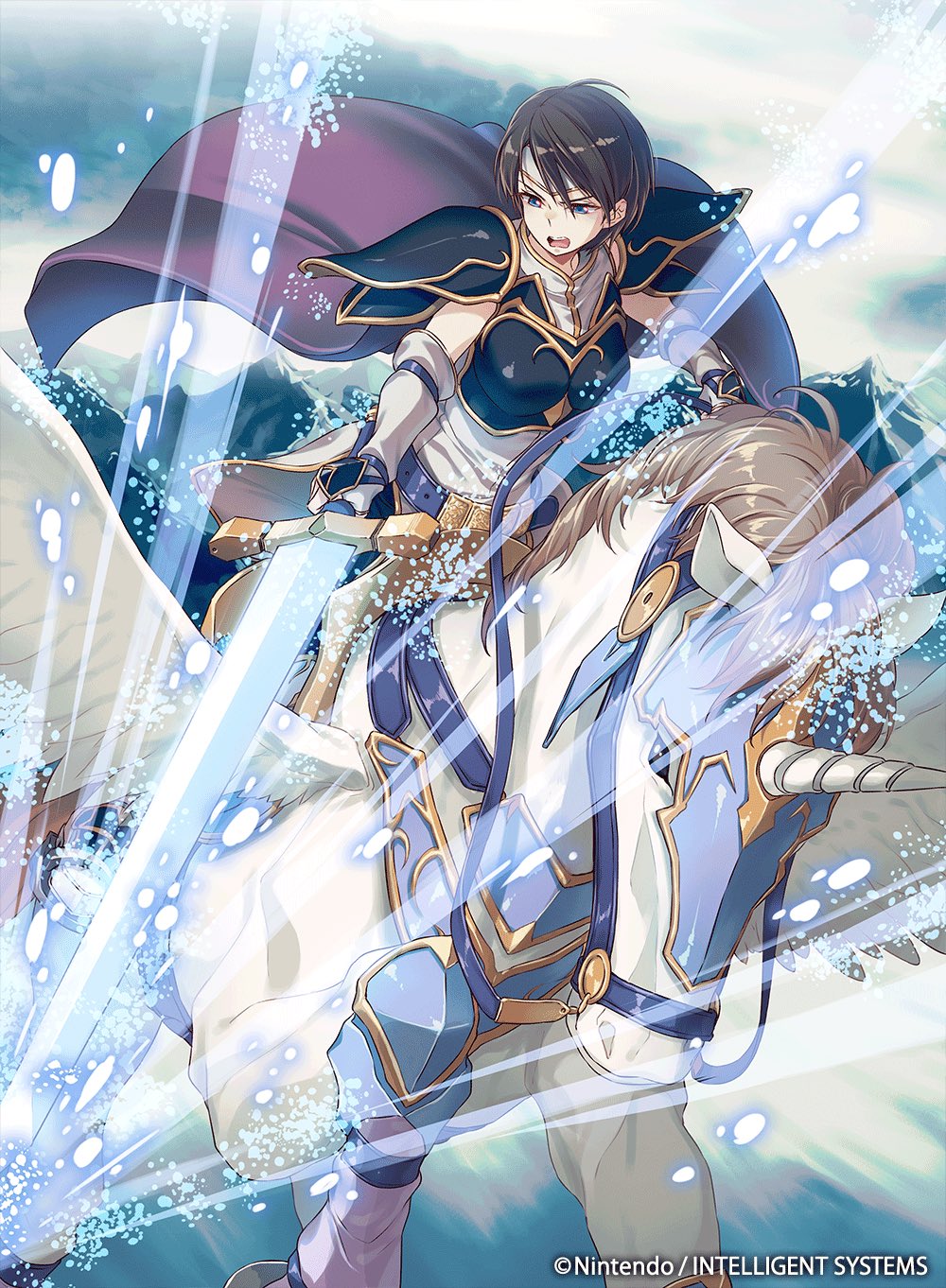 1girl 40hara blue_eyes breastplate brown_hair cape company_name copyright_name elbow_gloves fire_emblem fire_emblem:_souen_no_kiseki fire_emblem_cipher gloves headband highres holding holding_sword holding_weapon nintendo official_art open_mouth pegasus pegasus_knight riding short_hair solo sword tanith weapon