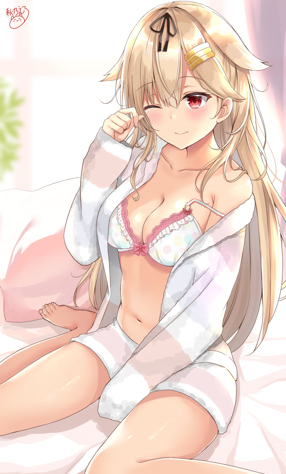 1girl bare_legs barefoot blonde_hair blush bow bow_bra bra breasts cleavage collarbone day hair_flaps hair_ornament hair_ribbon hairclip highres indoors kantai_collection long_hair looking_at_viewer medium_breasts messy_hair navel noeru_(gt17854) off_shoulder on_bed one_eye_closed pajamas pillow polka_dot polka_dot_bra red_eyes remodel_(kantai_collection) ribbon rubbing_eyes short_shorts shorts signature sitting smile solo stomach strap_slip tearing_up underwear waking_up wariza yuudachi_(kantai_collection)