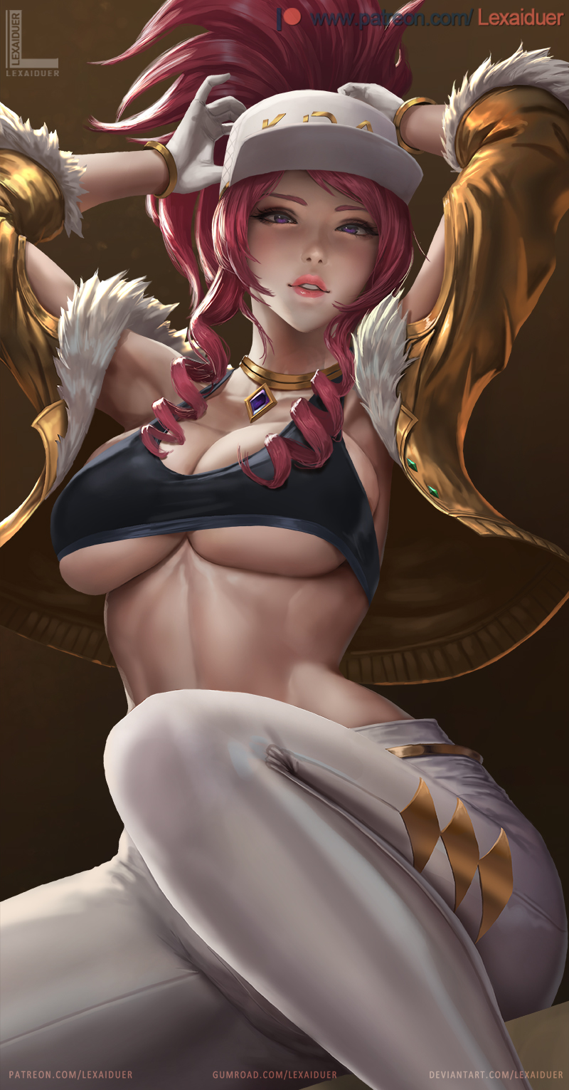 1girl akali armpits arms_up artist_name baseball_cap blush breasts cleavage clothes_writing collar collarbone drill_hair fur-trimmed_jacket fur-trimmed_sleeves fur_trim gloves hat highres jacket k/da_(league_of_legends) large_breasts league_of_legends lexaiduer long_hair long_sleeves looking_at_viewer open_clothes open_jacket pants parted_lips patreon_logo pink_hair pink_lips ponytail sidelocks sitting solo sports_bra under_boob violet_eyes watermark web_address white_gloves white_headwear white_pants yellow_jacket