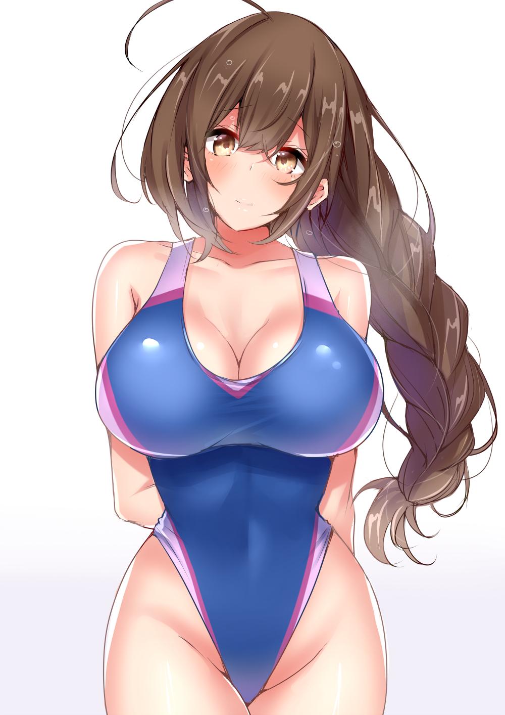 1girl ahoge arms_behind_back bangs bare_shoulders blue_swimsuit blush braid breasts brown_eyes brown_hair cleavage closed_mouth collarbone covered_navel highleg highleg_swimsuit highres idolmaster idolmaster_shiny_colors kuwayama_chiyuki large_breasts long_braid long_hair looking_at_viewer one-piece_swimsuit sankakusui simple_background single_braid smile solo swimsuit white_background