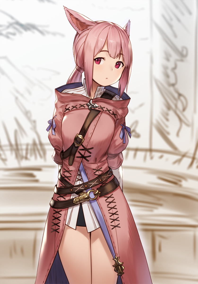 1girl animal_ear_fluff animal_ears arms_behind_back belt breasts cat_ears closed_mouth commentary_request cowboy_shot expressionless final_fantasy final_fantasy_xiv head_tilt highres houtengeki long_coat looking_at_viewer medium_breasts miqo'te pink_hair ponytail puffy_sleeves red_eyes slit_pupils solo standing
