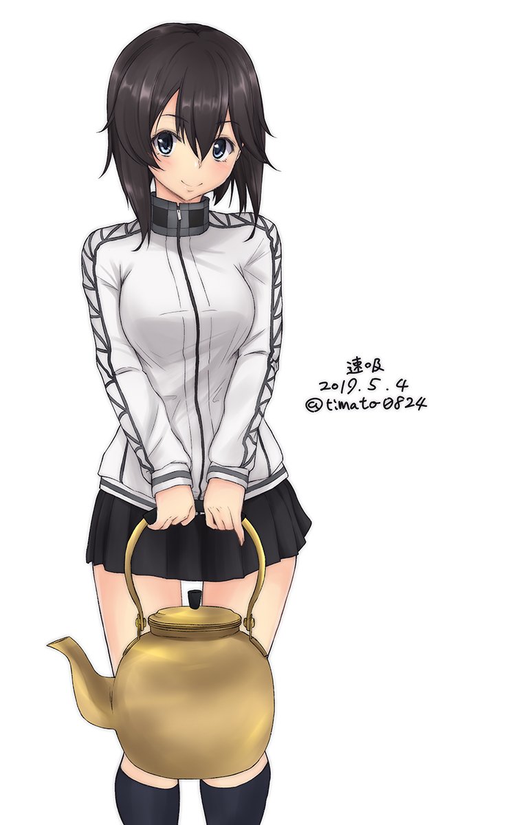 1girl black_hair black_legwear black_skirt character_name dated grey_eyes gym_shirt hayasui_(kantai_collection) highres jacket kantai_collection kettle kneehighs long_sleeves looking_at_viewer miniskirt pleated_skirt shirt short_hair simple_background skirt smile solo standing thigh_gap timato track_jacket turtleneck twitter_username white_background white_jacket