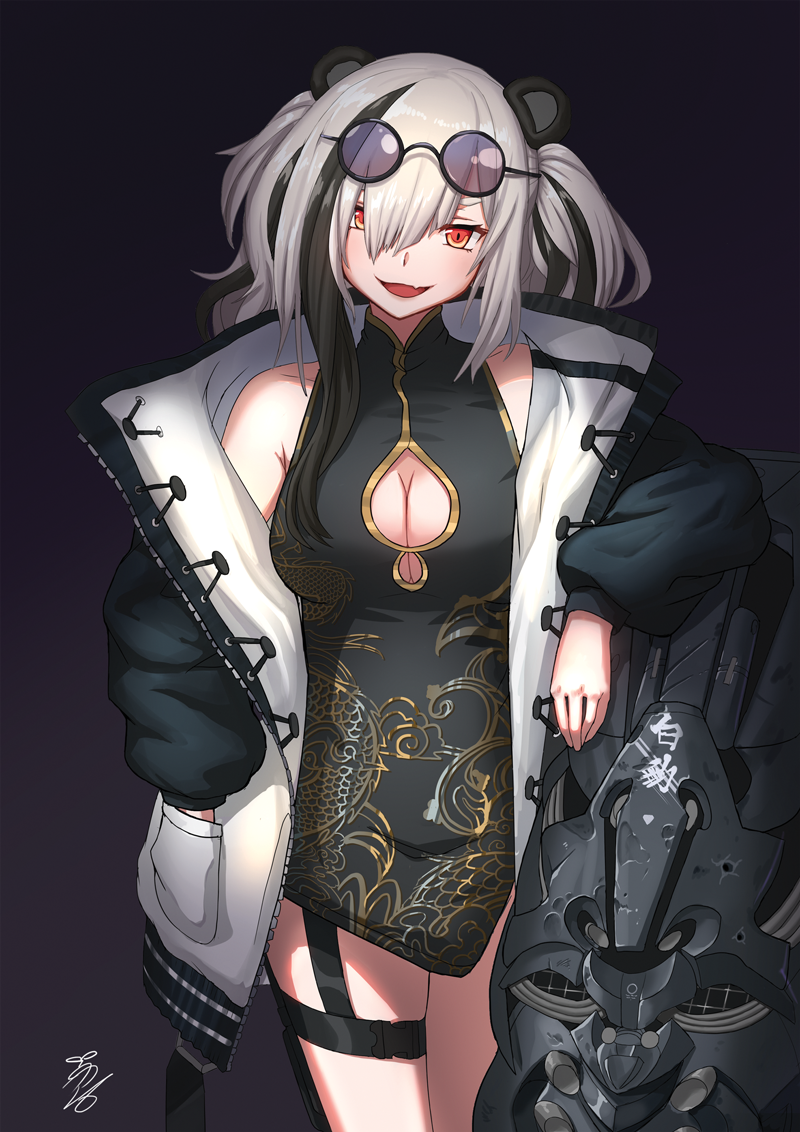 :d ancient animal_ears arknights black_coat black_dress black_hair breasts brown_eyes cleavage cleavage_cutout coat cowboy_shot dress elbow_rest eyewear_on_head fang feater_(arknights) glasses grey_background hand_in_pocket head_tilt kong_(ksw2801) large_breasts long_hair long_sleeves looking_at_viewer multicolored_hair open_clothes open_coat open_mouth shield signature simple_background skin_fang smile streaked_hair thigh_strap two-tone_coat two_side_up white_coat white_hair