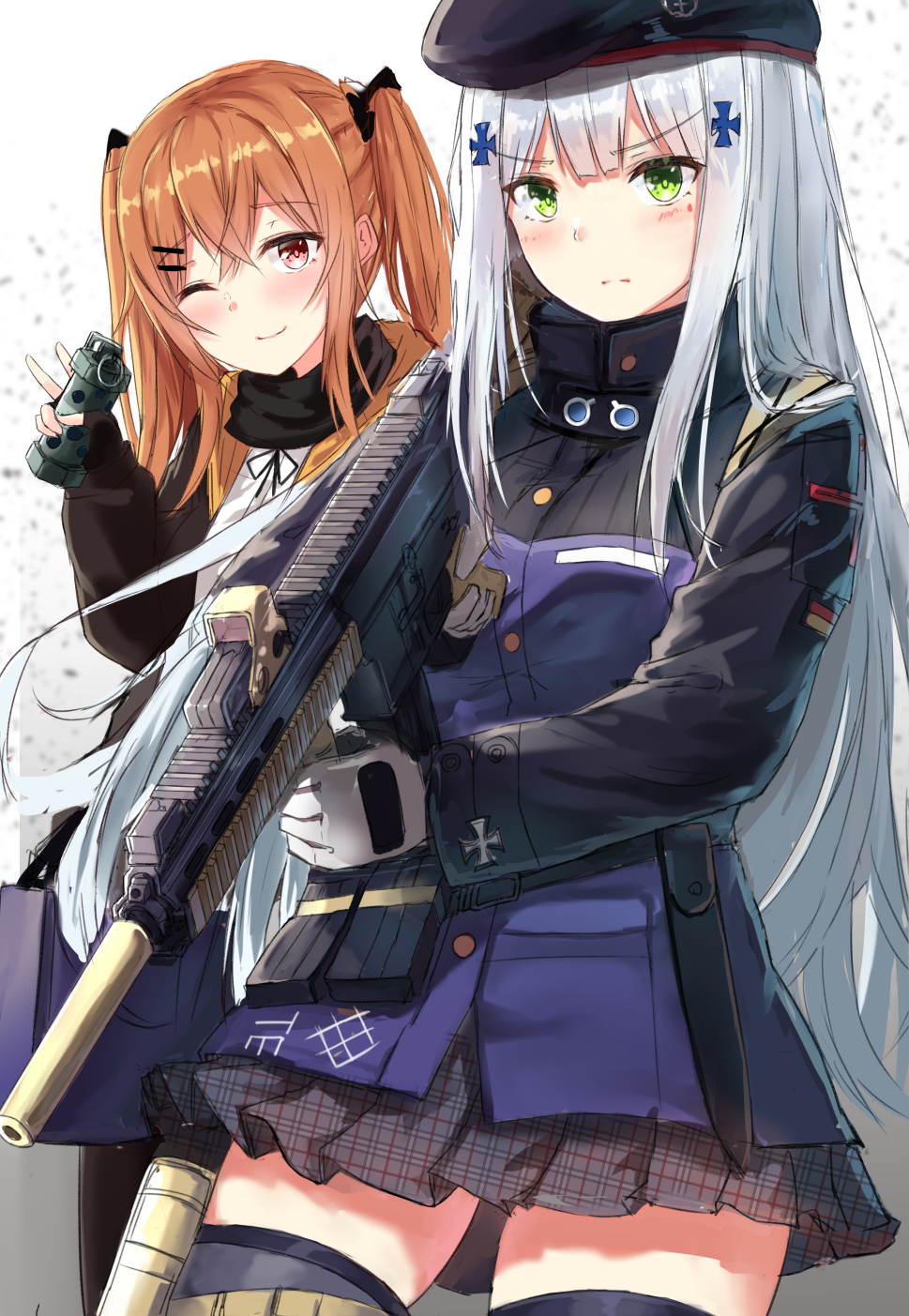 2girls assault_rifle bangs beret blunt_bangs blush breasts brown_hair eyebrows_visible_through_hair facial_mark fingerless_gloves flashbang girls_frontline gloves green_eyes gun h&amp;k_hk416 hair_between_eyes hair_ornament hairclip hat heckler_&amp;_koch highres hk416_(girls_frontline) holding holding_grenade holding_gun holding_weapon jacket karo-chan long_hair looking_at_viewer medium_breasts multiple_girls one_eye_closed pantyhose red_eyes ribbon rifle scar scar_across_eye shirt silver_hair skirt smile teardrop twintails ump9_(girls_frontline) v-shaped_eyebrows very_long_hair weapon