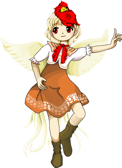 1girl animal animal_on_head bird bird_on_head bird_tail bird_wings blonde_hair boots chicken dress eyebrows_visible_through_hair full_body hand_on_hip multicolored_hair neck_ribbon niwatari_kutaka on_head oota_jun'ya orange_dress outstretched_arm puffy_short_sleeves puffy_sleeves red_eyes redhead ribbon short_hair short_sleeves solo standing standing_on_one_leg touhou transparent_background wily_beast_and_weakest_creature wings