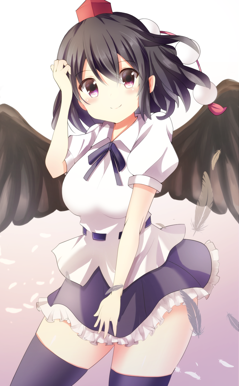 1girl bangs black_hair black_legwear black_neckwear black_ribbon black_skirt black_wings breasts commentary_request cowboy_shot eyebrows_visible_through_hair feathered_wings feathers gradient gradient_background hair_between_eyes hand_up hat highres kotoriifu large_breasts looking_at_viewer miniskirt neck_ribbon petticoat pom_pom_(clothes) puffy_short_sleeves puffy_sleeves purple_background red_eyes ribbon shameimaru_aya shirt short_hair short_sleeves sidelocks skirt smile solo standing tassel thigh-highs thighs tokin_hat touhou white_background white_shirt wings zettai_ryouiki