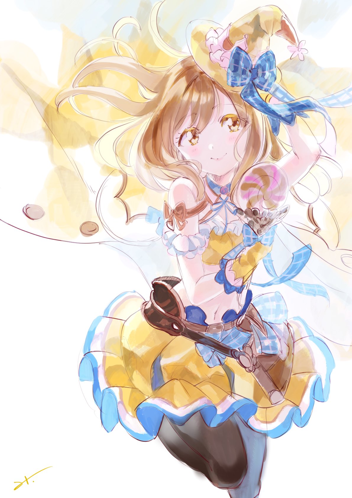 1girl bangs bow brown_eyes brown_hair choker cowboy_shot crop_top floating_hair gloves granblue_fantasy hat highres holding holding_hat kunikida_hanamaru leg_up long_hair looking_at_viewer love_live! love_live!_sunshine!! midriff mitsuhashitaeko navel pantyhose ribbon signature simple_background sketch skirt smile solo white_background witch_hat