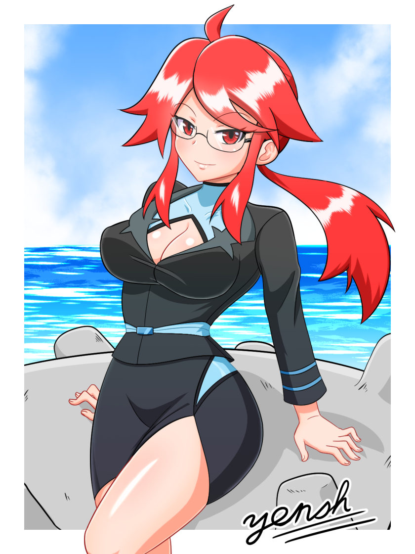 1girl ahoge black_shirt black_skirt breasts cleavage cleavage_cutout commentary_request creatures_(company) day elite_four eyebrows_visible_through_hair game_freak gen_1_pokemon glasses kanna_(pokemon) lapras large_breasts light_blush long_hair looking_at_viewer nintendo ocean pokemon pokemon_(game) pokemon_lgpe ponytail red_eyes redhead shirt sidelocks signature skirt sky solo water yensh