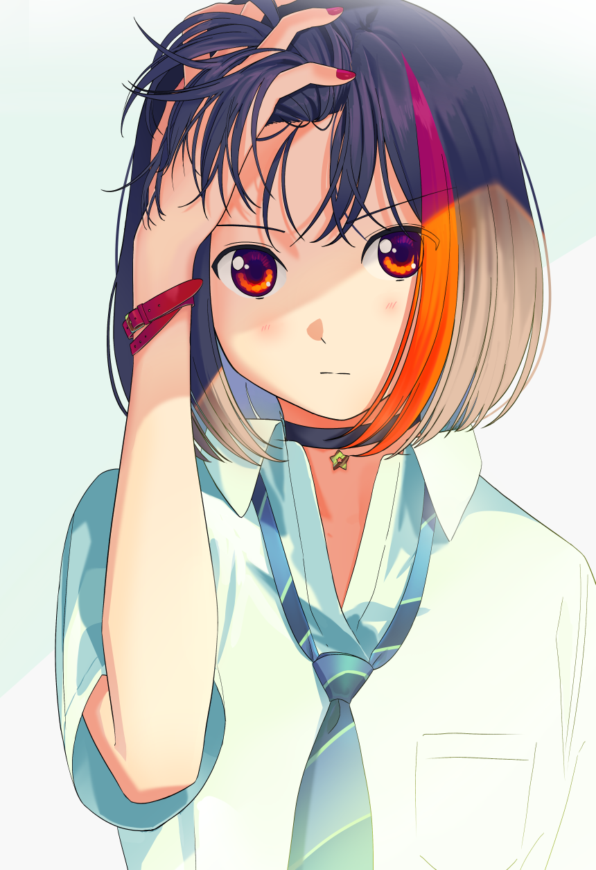 1girl arm_up bang_dream! blue_neckwear choker collared_shirt diagonal-striped_neckwear expressionless gradient gradient_background grey_background hair_tousle hand_in_hair highres jewelry light_frown looking_at_viewer loose_necktie mitake_ran multicolored_hair nail_polish necktie orange_eyes pendant poligon_(046) red_nails shirt short_hair short_sleeves solo star streaked_hair striped striped_neckwear upper_body watch watch white_shirt