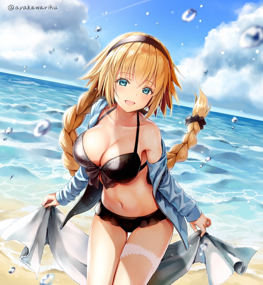1girl :d ayakawa_riku bangs beach bikini black_bikini black_bow black_hairband blonde_hair blue_eyes blue_jacket blue_sky blurry bow braid breasts cleavage collarbone commentary_request cute day depth_of_field eyebrows_visible_through_hair fate/apocrypha fate/grand_order fate_(series) frilled_bikini frills front-tie_bikini front-tie_top hair_bow hairband holding horizon jacket jeanne_d'arc_(fate) jeanne_d'arc_(fate)_(all) large_breasts leaning_forward long_hair long_sleeves moe navel ocean off_shoulder open_clothes open_jacket open_mouth outdoors ruler_(fate/apocrypha) single_bare_shoulder single_braid sky smile solo stomach swimsuit thigh_gap thigh_strap towel twitter_username type-moon very_long_hair water water_drop