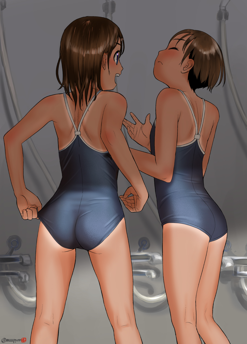 2girls adjusting_clothes adjusting_swimsuit ass brown_hair closed_eyes competition_swimsuit feet_out_of_frame from_behind highres medium_hair mu-pyon multiple_girls one-piece_swimsuit one-piece_tan original short_hair swimsuit tan tanline