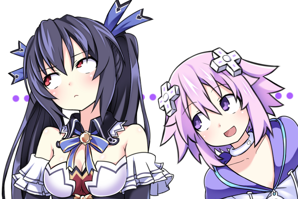 2girls bangs bare_shoulders blush breasts choujigen_game_neptune cleavage d-pad d-pad_hair_ornament eyebrows_visible_through_hair hair_ornament hair_ribbon hood hood_down kurozero long_hair medium_breasts multiple_girls neptune_(neptune_series) neptune_(series) noire purple_hair red_eyes ribbon rolling_eyes short_hair twintails violet_eyes