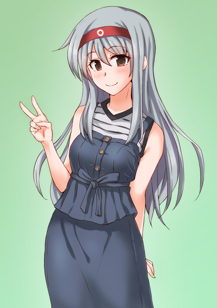 1girl alternate_color anti_(untea9) blue_dress brown_eyes casual commentary_request cowboy_shot dress gradient gradient_background green_background hairband headband highres kantai_collection long_hair shirt shoukaku_(kantai_collection) silver_hair sleeveless sleeveless_shirt smile solo standing striped striped_shirt v