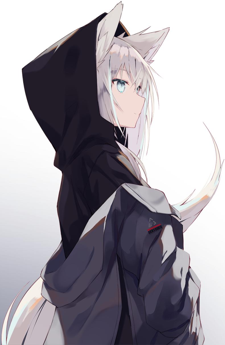 1girl animal_ears bangs eyebrows_visible_through_hair grey_eyes grey_hair grey_jacket highres jacket light_smile nagishiro_mito original parka solo tail white_background wolf_ears wolf_tail