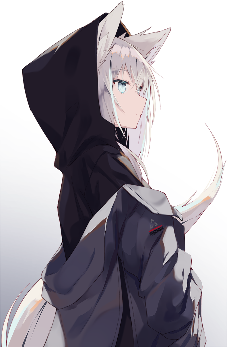 1girl animal_ears bangs black_hoodie blue_eyes closed_mouth commentary_request eyebrows_visible_through_hair gradient gradient_background grey_background grey_hair grey_jacket hair_between_eyes highres hood hood_up hoodie jacket light_smile long_hair looking_away nagishiro_mito off_shoulder open_clothes open_jacket original solo tail tail_raised upper_body very_long_hair white_background wolf_ears wolf_girl wolf_tail