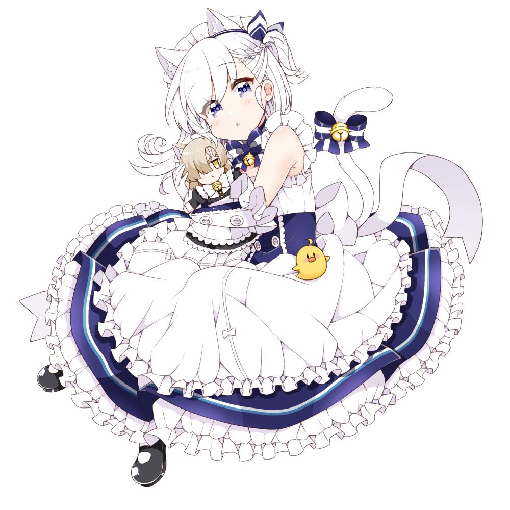 1girl animal animal_ear_fluff animal_ears apron azur_lane bare_shoulders belchan_(azur_lane) belfast_(azur_lane) bell bird black_footwear blue_bow blue_dress blue_ribbon blush bow braid cat_ears cat_girl cat_tail character_doll chestnut_mouth chick commentary dress elbow_gloves frilled_apron frills full_body gloves hair_ribbon head_tilt jingle_bell kanjitomiko kemonomimi_mode maid maid_headdress mary_janes object_hug one_side_up parted_lips ribbon sheffield_(azur_lane) shoes simple_background sleeveless sleeveless_dress solo striped striped_bow tail tail_bell tail_bow tail_raised waist_apron white_apron white_background white_gloves