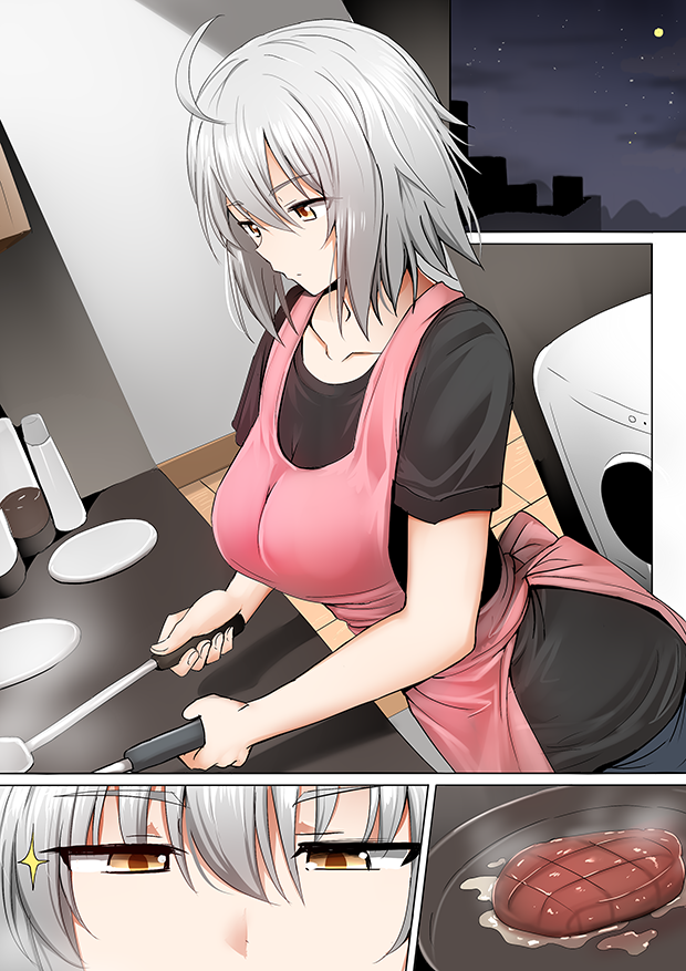 1girl ahoge apron black_shirt breasts closed_mouth collarbone cooking eyebrows_visible_through_hair fate/grand_order fate_(series) food frying_pan ginhaha hair_between_eyes indoors jeanne_d'arc_(alter)_(fate) jeanne_d'arc_(fate)_(all) kitchen large_breasts moon night night_sky plate shirt short_hair short_sleeves silver_hair sky steak stove yellow_eyes