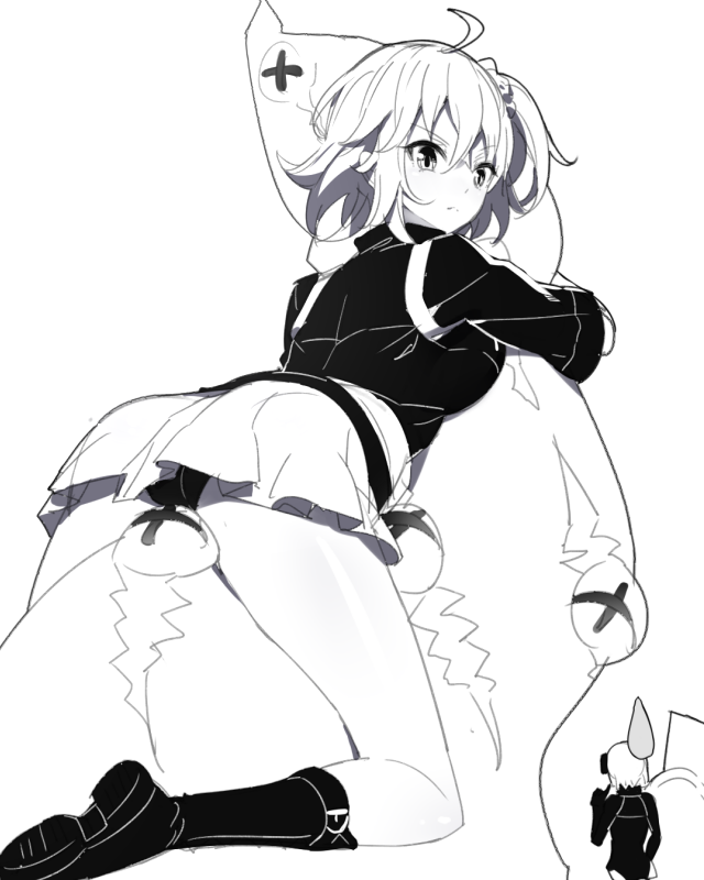 2girls ahoge ass bangs bodysuit boots closed_mouth commentary_request eyebrows_visible_through_hair fate/grand_order fate_(series) fujimaru_ritsuka_(female) greyscale hair_between_eyes hair_ornament hair_scrunchie hug jacket knee_boots looking_at_viewer looking_back mash_kyrielight monochrome multiple_girls one_side_up panties pleated_skirt polar_chaldea_uniform ririko_(zhuoyandesailaer) scrunchie shoe_soles short_hair short_sleeves simple_background skirt solo_focus sweatdrop underwear uniform v-shaped_eyebrows white_background x_x