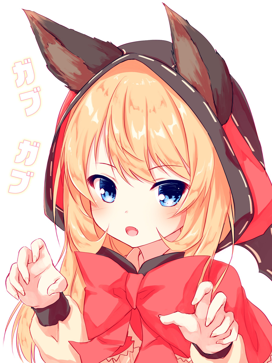 1girl :d animal_ears bangs beniya_ria blonde_hair blue_eyes blush bow brown_shirt check_translation claw_pose commentary_request ears_through_headwear eyebrows_visible_through_hair fang fingernails hair_between_eyes hands_up highres hood hood_up long_hair long_sleeves looking_at_viewer open_mouth puffy_long_sleeves puffy_sleeves red_bow ribbon-trimmed_hood ribbon_trim ryuuseigun_project shirt smile solo translation_request virtual_youtuber white_background wolf_ears yuku_(kiollion)