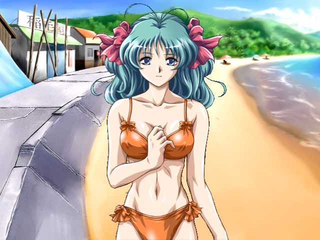 1girl 90s ahoge beach bikini blue_eyes blue_hair breasts clavicle erect_nipples erect_nipples_under_clothes female hair_ribbon large_breasts light_skinned light_skinned_female looking_at_viewer navel ocean orange_bikini outdoors red_ribbon ribbon seaside shiny shiny_bikini shiny_clothes shiny_skin shiny_swimsuit smile summer swimsuit voss yasoumu