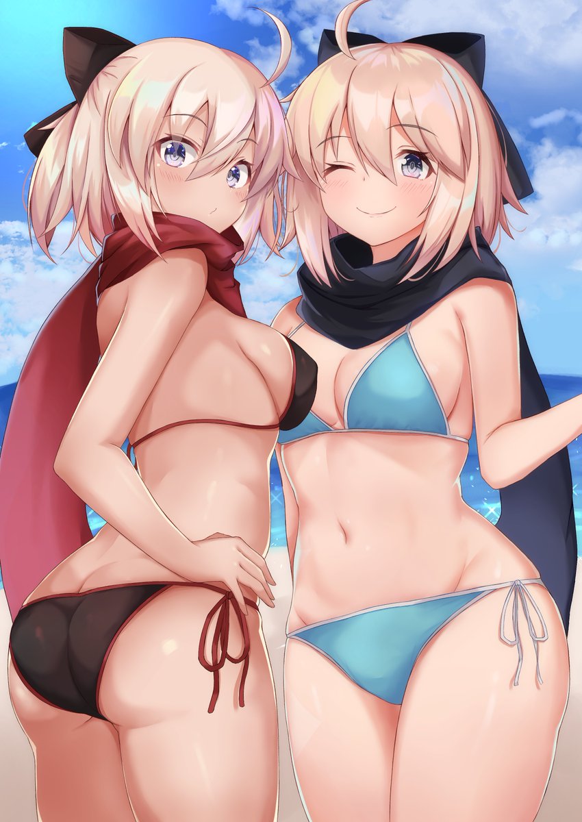 2girls ahoge ass bangs beach bikini black_bikini black_bow black_scarf blonde_hair blue_bikini blue_eyes blue_sky blush bow breasts cleavage closed_mouth commentary_request cowboy_shot dark_skin day eyebrows_visible_through_hair fate/grand_order fate_(series) hair_between_eyes hair_bow hand_on_hip highres looking_at_viewer looking_back medium_breasts multiple_girls navel ocean okita_souji_(alter)_(fate) okita_souji_(fate) okita_souji_(fate)_(all) outdoors red_ribbon red_scarf ribbon rokita scarf short_hair side-tie_bikini sideboob skindentation sky stomach swimsuit white_ribbon