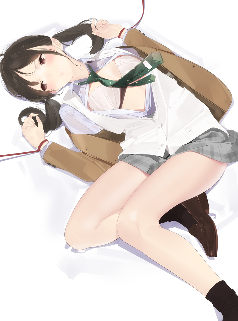 1girl 3: ama_mitsuki black_hair black_legwear blush bra breasts brown_eyes brown_footwear brown_jacket closed_mouth grey_skirt jacket loafers long_hair long_sleeves looking_away low_twintails lying miniskirt necktie on_back open_clothes open_jacket open_shirt original partially_unbuttoned restrained school_uniform shoes skirt small_breasts socks solo striped striped_neckwear sweater_vest thighs twintails undershirt underwear vest white_bra white_vest