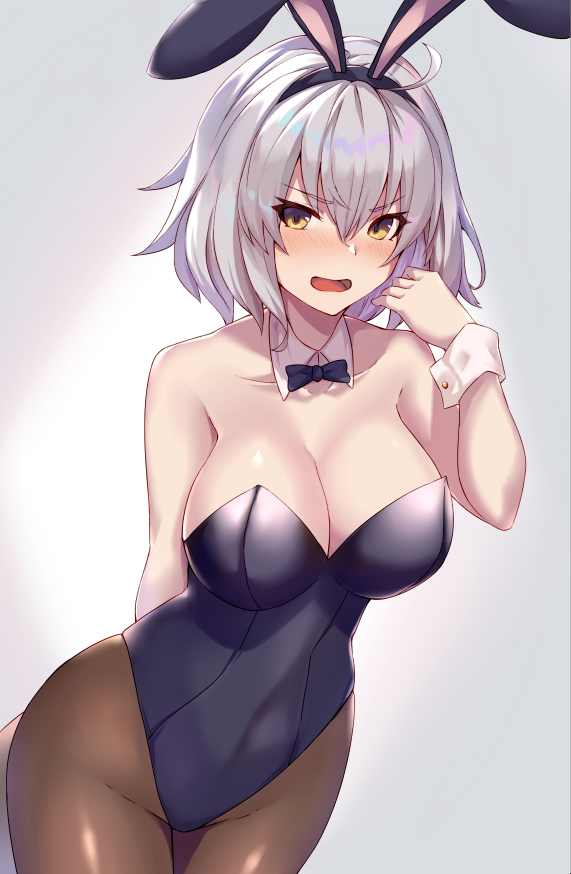 1girl ahoge animal_ears arm_behind_back bare_shoulders black_bunny_ears blush bow bowtie breasts bunny_ears bunnysuit cleavage cowboy_shot detached_collar detached_cuffs fate/grand_order fate_(series) fifty1202 highleg highleg_leotard jeanne_d'arc_(alter)_(fate) jeanne_d'arc_(fate)_(all) large_breasts no_bra no_panties no_underwear pantyhose rabbit_ears white_eyebrows white_hair wrist_cuffs yellow_eyes