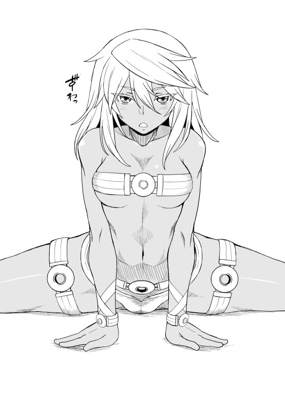 1girl bare_shoulders belt beltbra breasts collarbone colored_eyelashes cowboy_shot cropped_legs dark_skin dr.p eyebrows_visible_through_hair guilty_gear guilty_gear_xrd hair_between_eyes hands_on_floor leaning_forward long_hair looking_at_viewer medium_breasts monochrome navel orange_eyes outstretched_legs ramlethal_valentine short_shorts shorts simple_background sitting solo stretch under_boob white_background white_hair