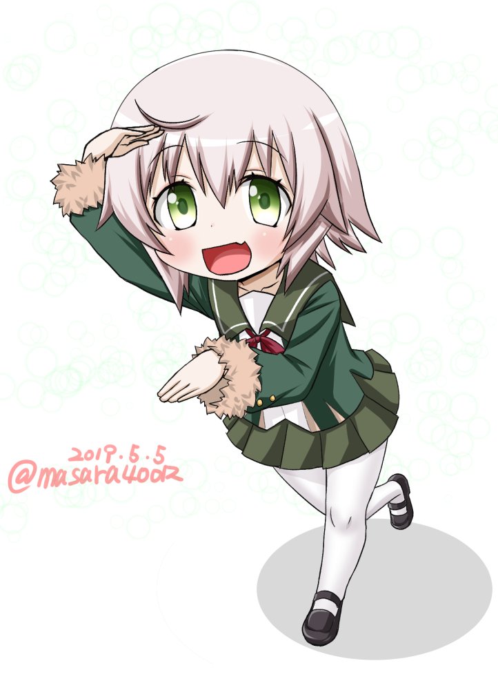 1girl bangs blonde_hair dated fang fur-trimmed_sleeves fur_trim green_eyes green_jacket green_skirt jacket kantai_collection long_sleeves mary_janes masara_(masalucky2010) neck_ribbon pantyhose pleated_skirt red_ribbon ribbon school_uniform serafuku shimushu_(kantai_collection) shoes short_hair simple_background skin_fang skirt solo twitter_username white_background white_legwear