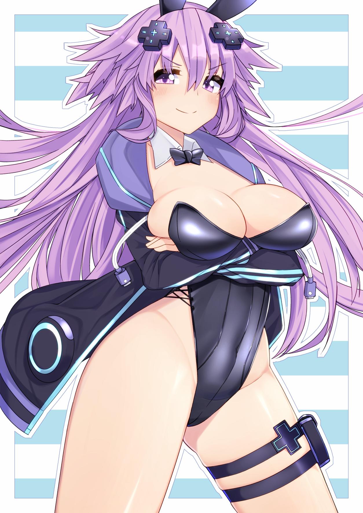 1girl adult_neptune animal_ears arms_under_breasts breasts bunnysuit covered_navel d-pad d-pad_hair_ornament dura eyebrows_visible_through_hair hair_between_eyes hair_ornament highres holster large_breasts long_hair long_sleeves looking_at_viewer neptune_(series) pantyhose purple_hair rabbit_ears shin_jigen_game_neptune_vii smile solo thigh_holster violet_eyes