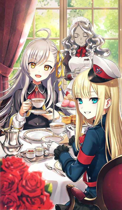 3girls :d ahoge blonde_hair blue_eyes chair closed_eyes commentary_request craft_essence cup curtains fate/grand_order fate_(series) flower food fork gloves golem grey_hair hair_ribbon hat head_tilt holding holding_cup light_blush long_hair looking_at_viewer looking_back maid maid_headdress mini_hat morikura_en multiple_girls official_art olga_marie_animusphere open_mouth plate red_flower red_rose reines_el-melloi_archisorte ribbon rose saucer sitting smile table teacup trimmau volumen_hydragyrum white_gloves window yellow_eyes yellow_ribbon