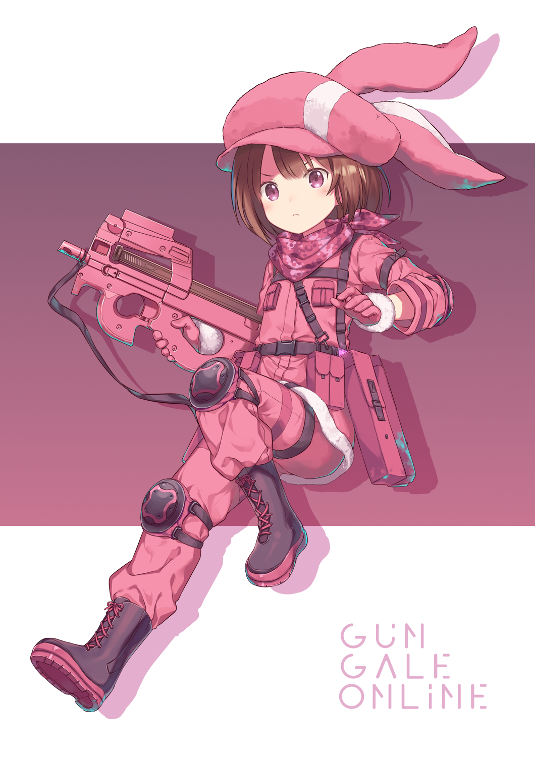 &gt;:( 1girl animal_ears animal_hat bangs black_footwear blush boots brown_hair bullpup bunny_hat closed_mouth commentary_request copyright_name cross-laced_footwear eyebrows_behind_hair fake_animal_ears full_body fur-trimmed_gloves fur_trim gloves gun hat highres holding holding_gun holding_weapon jacket jiang-ge lace-up_boots llenn_(sao) long_sleeves looking_at_viewer p-chan_(p-90) p90 pants pink_gloves pink_headwear pink_jacket pink_pants rabbit_ears short_hair solo submachine_gun sword_art_online sword_art_online_alternative:_gun_gale_online v-shaped_eyebrows violet_eyes weapon