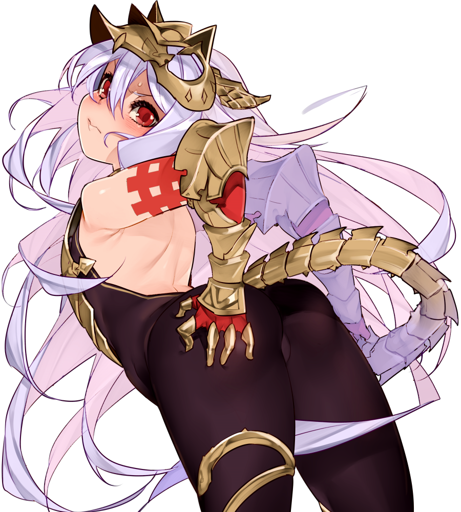 1girl ass bangs bare_shoulders blush cowboy_shot dutch_angle elbow_gloves from_behind gauntlets gloves granblue_fantasy hair_between_eyes hand_on_ass kochiya_(gothope) lavender_hair long_hair looking_at_viewer looking_back medusa_(shingeki_no_bahamut) red_eyes shingeki_no_bahamut solo tail very_long_hair white_background