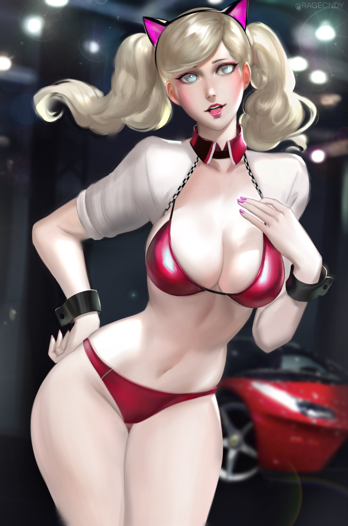 1girl animal_ears blonde_hair blue_eyes breasts cleavage cuffs highres large_breasts long_hair looking_at_viewer mask nail_polish navel open_mouth persona persona_5 racequeen ragecndy red_bikini_bottom red_bikini_top smile solo takamaki_anne twintails twitter_username