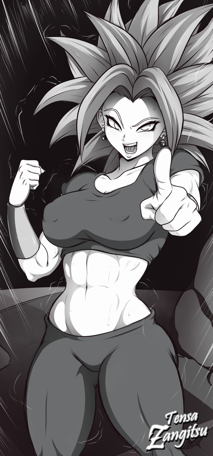 1girl abs artist_name breasts clenched_hand crop_top dragon_ball dragon_ball_super earrings erect_nipples greyscale highres jewelry kefla_(dragon_ball) leggings medium_breasts midriff monochrome muscle muscular_female open_mouth pants pointing short_sleeves smile solo spiky_hair stomach tensa-zangitsu toned vambraces