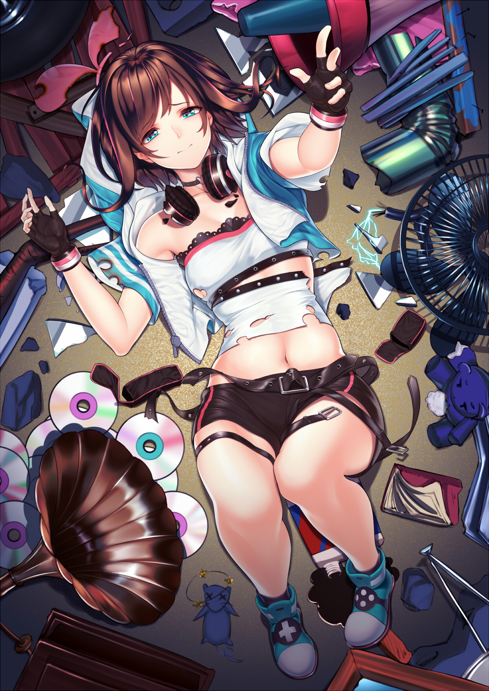 1girl a.i._channel baiyin bandeau bangs belt black_belt black_gloves black_shorts blue_hoodie bow breasts brown_hair cd crop_top electricity eyebrows_visible_through_hair fingerless_gloves from_above gloves hairband headphones headphones_around_neck highres hood hoodie kizuna_ai lying midriff mouse multicolored_hair navel on_back open_clothes open_hoodie outstretched_arm phonograph pink_bow pink_hair pink_hairband pink_ribbon pouch ribbon short_shorts short_sleeves shorts small_breasts solo streaked_hair stuffed_animal stuffed_toy swept_bangs teddy_bear torn_ribbon virtual_youtuber white_shorts