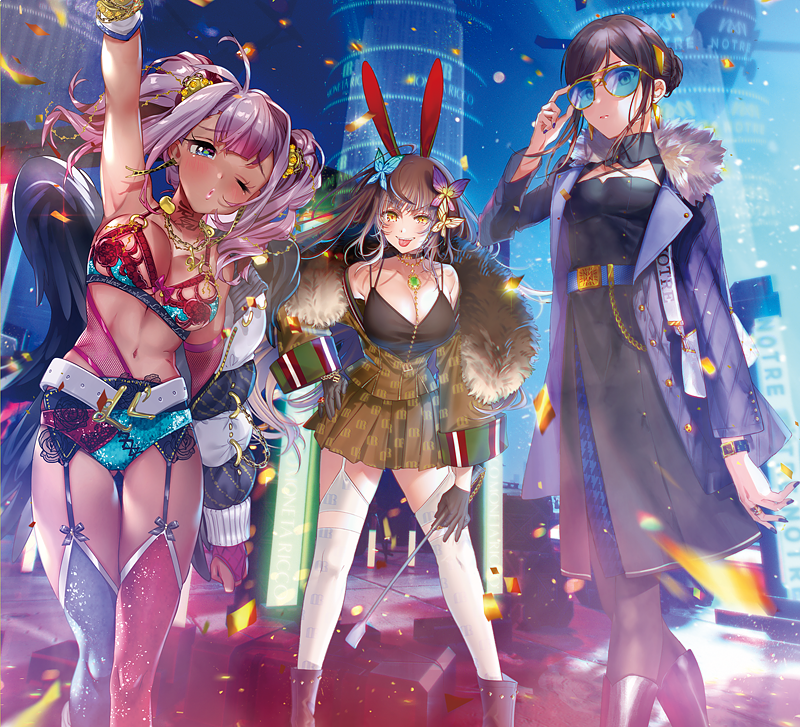 3girls animal_ears arm_up armpits bag bangs belt black_hair blue_eyes blue_legwear blunt_bangs blush boots bracelet breasts brown_hair chains choker cleavage closed_mouth coat dark_skin dress earrings floating_hair garter_belt garter_straps glasses gloves gluteal_fold hair_ornament hand_up high_collar jacket jewelry lipstick long_hair long_sleeves looking_at_viewer makeup mismatched_legwear multiple_girls nail_polish navel neck_tattoo necklace o-ring ogino_atsuki one_eye_closed original pantyhose parted_bangs plaid plaid_skirt purple_hair red_legwear riding_crop ring short_shorts shorts shoulder_bag skirt small_breasts smile tattoo thigh-highs tied_hair tongue tongue_out twintails watch wavy_hair white_legwear wing_collar wings yellow_eyes