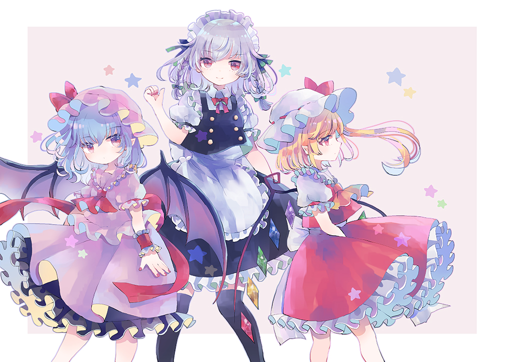 3girls apron ascot bangs bat_wings black_legwear black_skirt black_vest blonde_hair blue_hair blush border bow bowtie braid commentary_request crystal dress eyebrows_visible_through_hair feet_out_of_frame flandre_scarlet frilled_apron frilled_shirt_collar frills from_side green_bow green_ribbon hair_between_eyes hair_bow hair_ribbon hand_up hat hat_bow hiyuu_(hiyualice) izayoi_sakuya looking_at_viewer maid maid_apron maid_headdress mob_cap multiple_girls nail_polish one_side_up outside_border petticoat pink_background pink_dress pink_headwear pointy_ears profile puffy_short_sleeves puffy_sleeves red_bow red_eyes red_nails red_neckwear red_skirt red_vest remilia_scarlet ribbon shirt short_hair short_sleeves siblings silver_hair simple_background sisters skirt skirt_set standing star thigh-highs touhou twin_braids vest waist_apron white_apron white_border white_shirt wings wrist_cuffs yellow_neckwear zettai_ryouiki