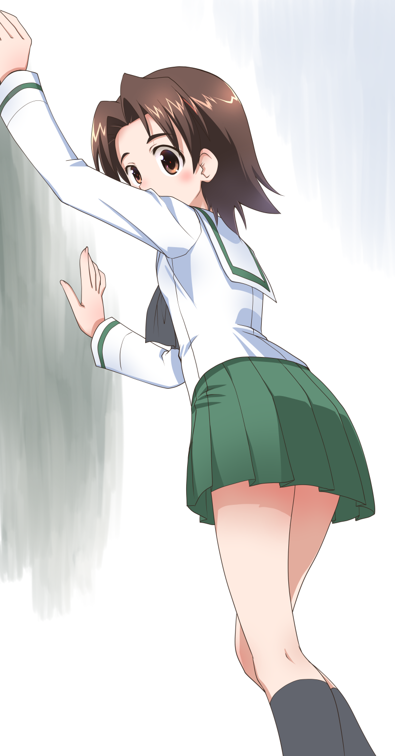 against_wall arms_up bangs black_legwear black_neckwear blush brown_eyes brown_hair commentary_request covered_mouth feet_out_of_frame girls_und_panzer green_skirt highres kneehighs leaning_on_object long_sleeves looking_at_viewer looking_back neckerchief ooarai_school_uniform osamada_meika parted_bangs sailor_collar sawa_azusa school_uniform serafuku shirt short_hair simple_background skirt sleeve_cuffs standing uniform white_background white_shirt