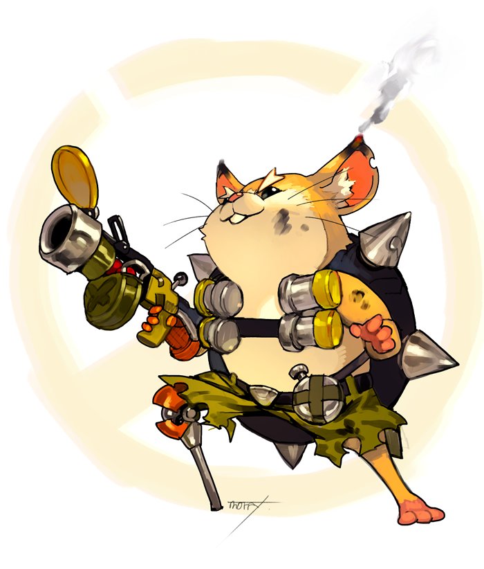 1other animal animal_ear_fluff buck_teeth canteen commentary cosplay fusion grenade_launcher hammond_(overwatch) hamster junkrat_(overwatch) junkrat_(overwatch)_(cosplay) morry no_humans overwatch peg_leg solo spikes thick_eyebrows tire weapon whiskers