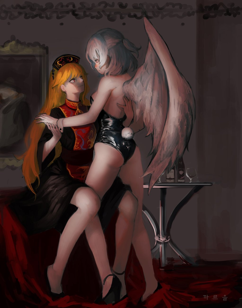 2girls alternate_costume ass bangs bare_arms bare_legs bare_shoulders black_dress black_footwear black_sash blonde_hair breasts bunny_tail commentary cup dress drinking_glass eye_contact fake_tail feathered_wings from_behind half_updo hand_holding headdress heoningu highres indoors junko_(touhou) kishin_sagume leotard long_hair long_sleeves looking_at_another medium_breasts multiple_girls playboy_bunny_leotard red_eyes sash shoes silver_hair single_wing sitting smile standing tabard table tail thighs touhou very_long_hair wide_sleeves wine_glass wings wrist_cuffs yuri