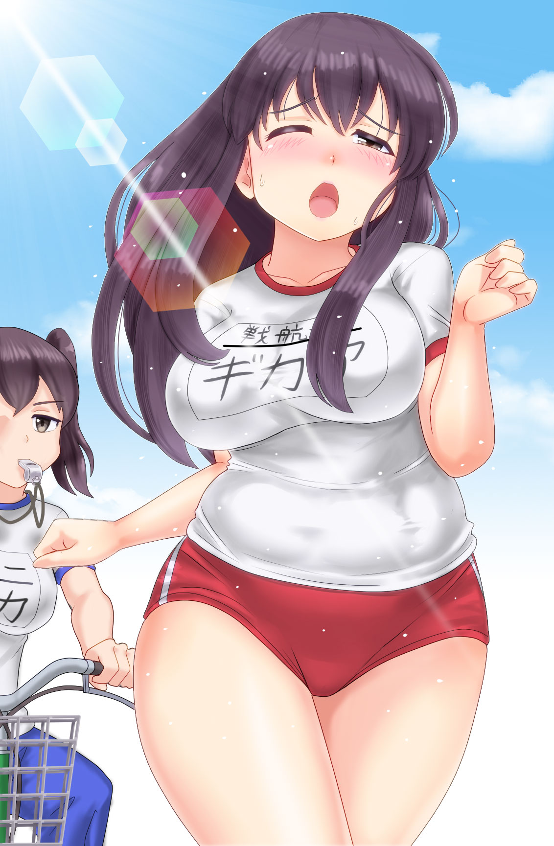 2girls akagi_(kantai_collection) alternate_costume arms_up bicycle bicycle_basket black_hair blue_pants blue_sky blush bouncing_breasts breasts brown_eyes buruma character_name clouds commentary_request cowboy_shot diffraction_spikes ground_vehicle gym_uniform head_tilt highres impossible_clothes impossible_shirt kaga_(kantai_collection) kantai_collection large_breasts lens_flare long_hair looking_at_another looking_at_viewer maboroshi_dandy mouth_hold multiple_girls one_eye_closed open_mouth outdoors pants riding running shirt short_sleeves side_ponytail sky sweat t-shirt thick_thighs thighs track_pants very_long_hair whistle