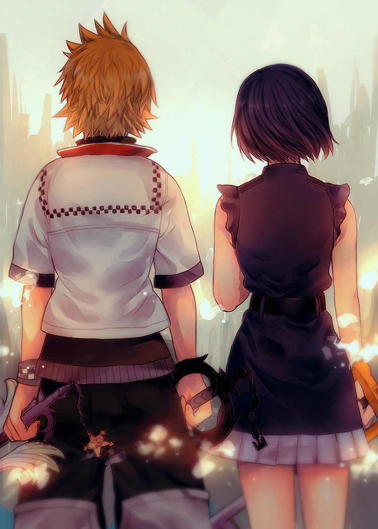 1boy 1girl back black_hair blonde_hair dual_wielding frilled_sleeves frills from_behind holding holding_weapon keyblade kingdom_hearts kingdom_hearts_iii light_particles roxas sera_(serappi) short_hair side-by-side sleeveless spiky_hair standing weapon wristband xion_(kingdom_hearts)