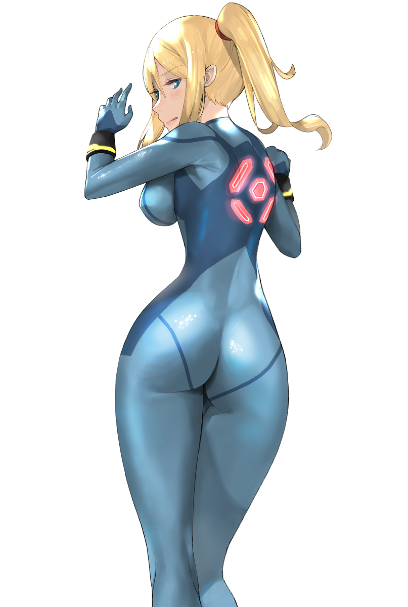 1girl ass ass_focus blonde_hair blue_bodysuit blue_eyes bodysuit breasts gloves high_ponytail highres impossible_bodysuit impossible_clothes j@ck long_hair looking_at_viewer metroid mole mole_under_mouth nintendo open_mouth ponytail samus_aran shiny shiny_clothes simple_background skin_tight solo super_smash_bros. white_background zero_suit